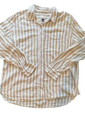Universal Thread Tan White Striped Linen Blend Button Down Shirt Size Large